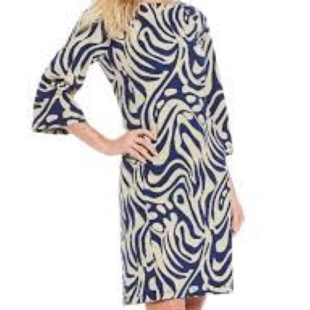 J. McLaughlin Campbell Boat Neck Navy/Beige Puddle Print Dress Size XS
